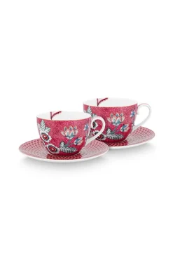 Flower Festival Set/2 Cappuccino Kop & Schotel Donkerroze